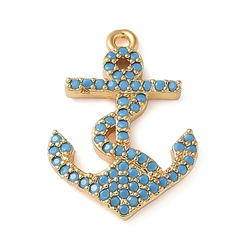 Brass Micro Pave Cubic Zirconia Pendants, Anchor Charms, Cadmium Free & Lead Free, Long-Lasting Plated, Rack Plating, Real 18K Gold Plated, Deep Sky Blue, 21x15.5x2.5mm, Hole: 1.4mm