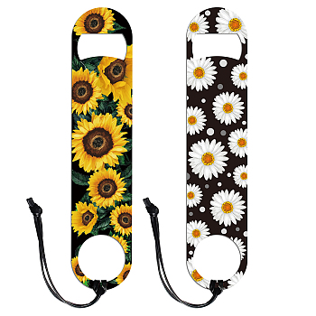 2Pcs 2 Styles 201 Stainless Steel Bottle Opener, with PU Leather Cord, Rectangle, Flower, 178x38x2mm, 1pc/style