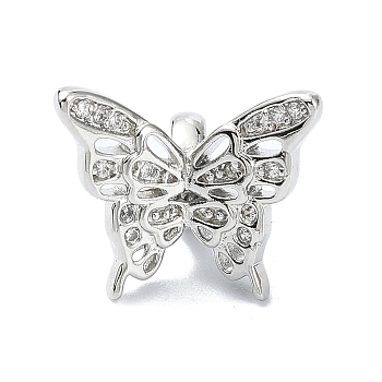 Rack Plating Brass Micro Pave Clear Cubic Zirconia Beads, Long-Lasting Plated, Butterfly, Platinum, 13x15x12mm, Hole: 2.8mm