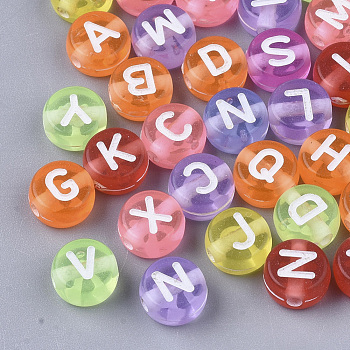Transparent Acrylic Beads, Horizontal Hole, Flat Round with Random Initial Letter, Mixed Color, 7x4mm, Hole: 1.5mm, about 555pcs/50g