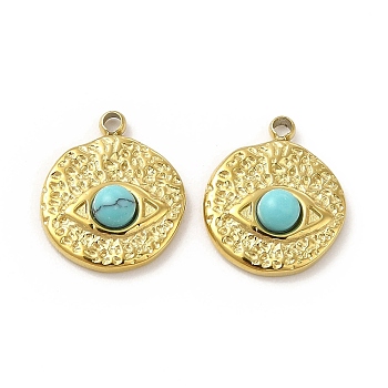 Natural Turquoise Flat Round with Eye Charms, with Vacuum Plating Real 18K Gold Plated 201 Stainless Steel Findings, 12x10x3mm, Hole: 1.2mm