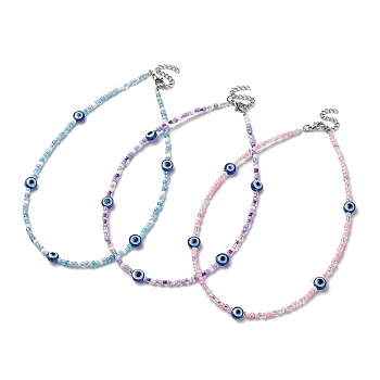3Pcs 3 Color Resin Evil Eye & Glass Beaded Necklaces Set, Mixed Color, 14.17~14.37 inch(36~36.5cm), 1Pc/color