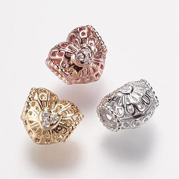 Brass Micro Pave Grade AAA Cubic Zirconia Beads, Heart, Hollow, Cadmium Free & Nickel Free & Lead Free, Mixed Color, 9x8x7mm, Hole: 3mm
