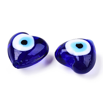 Handmade Lampwork Beads, Heart with Evil Eye, Dark Blue, 15x15x9~10mm, Hole: 1.5mm