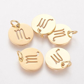 304 Stainless Steel Pendants, with Jump Ring, Laser Cut, Flat Round with Constellation/Zodiac Sign, Golden, Scorpio, 12x1mm, Hole: 3mm