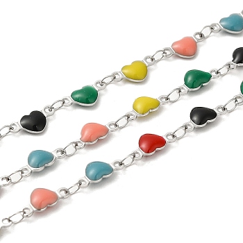 304 Stainless Steel Heart Link Chain, with Enamel, Soldered, Mixed Color, 10x5x2.7mm