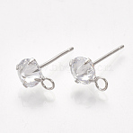 Brass Stud Earring Findings, with Cubic Zirconia and Loop, Clear, Real Platinum Plated, 10x6.5mm, Hole: 2mm, Pin: 0.8mm(X-KK-T035-123P)