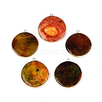 Natural Fire Crackle Agate Coin Pendants, Brass Flat Round Bezeled Charms, Dyed & Heated, Chocolate Color, Golden, 40~44x36~40x4~8mm, Hole: 2mm(G-Q606-55G)