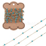 4M Brass Disc Link Chains, with Synthetic Turquoise, Long-Lasting Plated, Rack Plating, Lead Free & Cadmium Free, Unwelded, Handmade Beaded Chains, with Card Paper, Golden, 12x1mm, about 13.12 Feet(4m)/Set(CHC-TA0001-43)