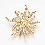 Brass Micro Pave Cubic Zirconia Pendants, Cadmium Free & Lead Free, with Jump Rings, Flower, Golden, 32x30x6mm, Hole: 2.5mm(X-ZIRC-T004-21G)