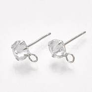 Brass Stud Earring Findings, with Cubic Zirconia and Loop, Clear, Real Platinum Plated, 10x6.5mm, Hole: 2mm, Pin: 0.8mm(X-KK-T035-123P)