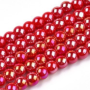 Electroplate Opaque Glass Beads Strands, AB Color Plated, Round, Red, 4~4.5mm, Hole: 0.8mm, about 97~99pcs/strand, 14.76 inch~14.96 inch(37.5~38cm)(GLAA-T032-P4mm-AB04)