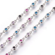 Handmade Beaded Link Chains, Soldered, with Brass Findings and Cubic Zirconia, Flat Round, Colorful, Platinum, 8.5x4x1.9mm, about 39.37 inch(1m)/strand(CHC-E017-02P)