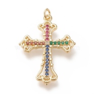 Brass Micro  Pave Cubic Zirconia Pendants, with Jump Rings, Cross, Colorful, Real 18K Gold Plated, 35x25x2.5mm, Jump Ring: 5x1mm, 3mm Inner Diameter(ZIRC-L099-014G)