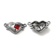 Alloy Connector Charms, Heart Links with Glass, Lead Free & Cadmium Free, Gunmetal, Red, 12x21.5x5.5mm, Hole: 1.4mm(PALLOY-K001-076P-01)