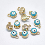 Light Gold Plated Alloy Charms, with Enamel, Flat Round with Evil Eye, Sky Blue, 10x7x4.5mm, Hole: 1.5mm(ENAM-S117-27A)