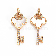 Brass Micro Pave Clear Cubic Zirconia Pendants, with Natural Shell, Nickel Free, Key, Real 18K Gold Plated, 23.5x11.5x2mm, Ring: 6x1.5mm, 1/8 inch(3mm) inner diameter(KK-S360-111-NF)