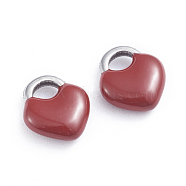 304 Stainless Steel Charms, Enamelled Sequins, Lock, Stainless Steel Color, Dark Red, 11x9.5x3.5mm, Hole: 3.5x2.5mm(STAS-I148-01P-05)