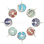 Elite 8Pcs 8 Styles Gemstone Pendants, Flat Round Charms, with Platinum Plated Brass Findings, Kitten & Tree of Life, 31~32x27~27.5x8~10mm, Hole: 3.5~5x7mm, 1pc/style(G-PH0002-21)