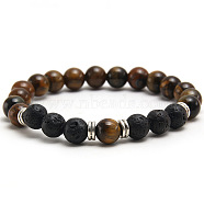 Round Natural Tiger Eye & Lava Rock Stretch Beaded Bracelet Men's Fashion Jewelry, 7-1/2 inch(19cm)(NL4639-1)