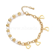 201 Stainless Steel Heart Charm Bracelet, Plastic Pearl Beaded Bracelet with Vacuum Plating 304 Stainless Steel Cable Chains for Women, Golden, 7-1/2 inch(19cm)(BJEW-A126-10G)