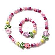 Maple Wood & Acrylic Jewelry Set, Beaded Necklace & Stretch Bracelet for Kids, Flower, Bracelet: Inner Diameter: 1-5/8 inch(4.2cm), Necklace: 16-3/8 inch(41.6cm)(SJEW-C003-02L)
