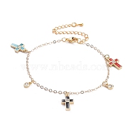 Brass Micro Pave Clear Cubic Zirconia Charms Bracelets, with Enamel, 304 Stainless Steel Lobster Claw Clasps and Cardboard Boxes, Cross, Golden, 7-1/2 inch(19cm)(BJEW-JB05253-04)