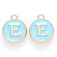Golden Plated Alloy Enamel Charms, Cadmium Free & Lead Free, Enamelled Sequins, Flat Round with Letter, Sky Blue, Letter.E, 14x12x2mm, Hole: 1.5mm(X-ENAM-S118-04E)