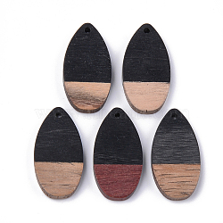 Resin & Walnut Wood Pendants, teardrop, Black, 31x16x3.5~4mm, Hole: 1.5mm(RESI-S358-16H)