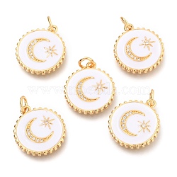 Brass Micro Pave Clear Cubic Zirconia Pendants, Long-Lasting Plated, with Jump Rings & Enamel, Real 18K Gold Plated, Flat Round with Moon & Star, White, 18x16x2.5mm, Hole: 2.5mm(ZIRC-B0004-13G)