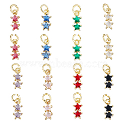 16PCS 8Colors Brass Cubic Zirconia Charms, Real 18K Gold Plated, Cadmium Free & Lead Free, Double Star, Mixed Color, 12x5x3mm, Hole: 3.8mm, 2pcs/color(KK-DC0003-77)
