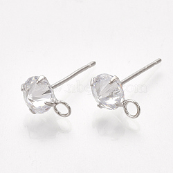 Brass Stud Earring Findings, with Cubic Zirconia and Loop, Clear, Real Platinum Plated, 10x6.5mm, Hole: 2mm, Pin: 0.8mm(X-KK-T035-123P)