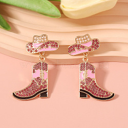 Cowboy Hat with Boot Alloy Enamel Dangle Stud Earrings, with Rhinestone, Golden, Pearl Pink, 51x25mm(FS-WG1DB7D-01)