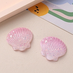 Gradient Color Transparent Resin Cabochons, with Glitter Power, Shell Shape, Pink, 32x30mm(PW-WG2784F-02)