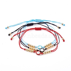 Adjustable Nylon Thread Braided Bead Bracelets, with 304 Stainless Steel Enamel Links and Brass Beads, Evil Eye, Golden, Mixed Color, Inner Diameter: 5/8~3-1/2 inch(1.5~9cm), 3pcs/set(BJEW-JB05997)