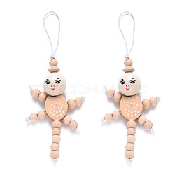 Natural Wood Pendant Decorations, with Waxed Cord, Doll, PeachPuff, 144~150x49~52mm(HJEW-S002-001C)