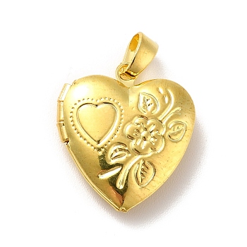 Rack Plating Brass Locket Pendants, Heart with Flower, Golden, 17x15x4.5mm, Hole: 4x2mm, Inner Diameter: 9x7.5mm