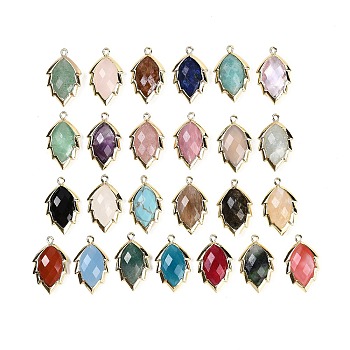 Natural & Synthetic Mixed Gemstone Faceted Leaf Pendants, Rack Plating Brass Charms, Golden, Mixed Dyed and Undyed, 23x13.5x5.5mm, Hole: 1.2mm