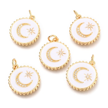 Brass Micro Pave Clear Cubic Zirconia Pendants, Long-Lasting Plated, with Jump Rings & Enamel, Real 18K Gold Plated, Flat Round with Moon & Star, White, 18x16x2.5mm, Hole: 2.5mm