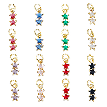 16PCS 8Colors Brass Cubic Zirconia Charms, Real 18K Gold Plated, Cadmium Free & Lead Free, Double Star, Mixed Color, 12x5x3mm, Hole: 3.8mm, 2pcs/color