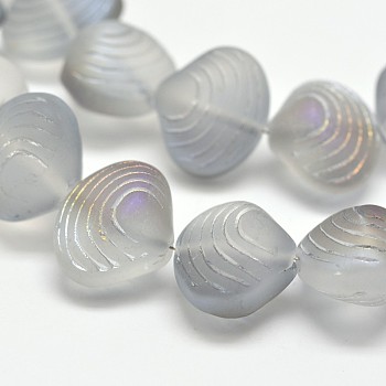 Frosted Electroplate Glass Shell Beads Strands, Rainbow Plated, Lavender, 12x14.5x10mm, Hole: 1mm, about 32pcs/strand, 16 inch