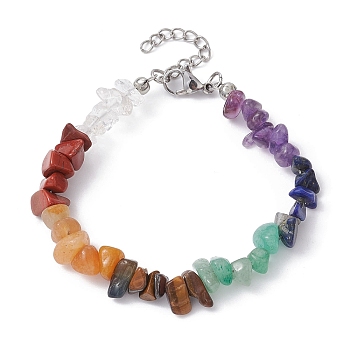Chakra Natural Gemstone Chips Beaded Bracelets for Women, with Alloy Clasps, 6-1/2 inch(16.6cm)