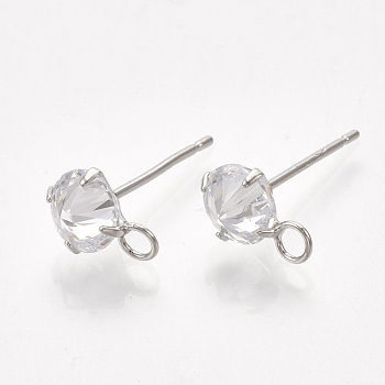 Brass Stud Earring Findings, with Cubic Zirconia and Loop, Clear, Real Platinum Plated, 10x6.5mm, Hole: 2mm, Pin: 0.8mm