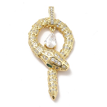 Brass Micro Pave Cubic Zirconia Pendants, Long-Lasting Plated, Real 18K Gold Plated, Snake, Clear, 43x20.5x5mm, Hole: 3x5mm