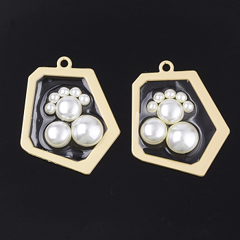 Epoxy Resin Pendants, with Alloy Findings and ABS Plastic Imitation Pearl, Polygon, Matte Gold Color, Creamy White, 37.5x30.5x6mm, Hole: 2mm