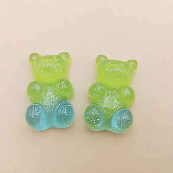 Translucent Resin Cabochons, Two Tone, with Glitter Powder, Bear, Light Green, 17x11x7mm