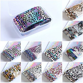 10 Style Transfer Foil Nail Art Stickers, Nail Decals, DIY Nail Tips Decoration for Women, Leopard Pattern, 50x4cm, 10sheets/box, Box: 8.6x5.6x2.45cm