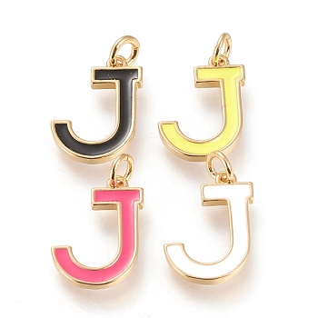 Brass Enamel Pendants, with Jump Ring, Long-Lasting Plated, Real 18K Gold Plated, Letter.J, Mixed Color, Letter.J, J: 17x12.5x1.8mm, Jump Rings: Inner Diameter: 3mm