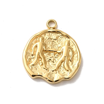 304 Stainless Steel Pendants, Textured Flat Round with Constellations Charm, Real 14K Gold Plated, Gemini, 17.5x15.5x2mm, Hole: 1.8mm