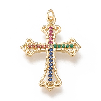 Brass Micro  Pave Cubic Zirconia Pendants, with Jump Rings, Cross, Colorful, Real 18K Gold Plated, 35x25x2.5mm, Jump Ring: 5x1mm, 3mm Inner Diameter